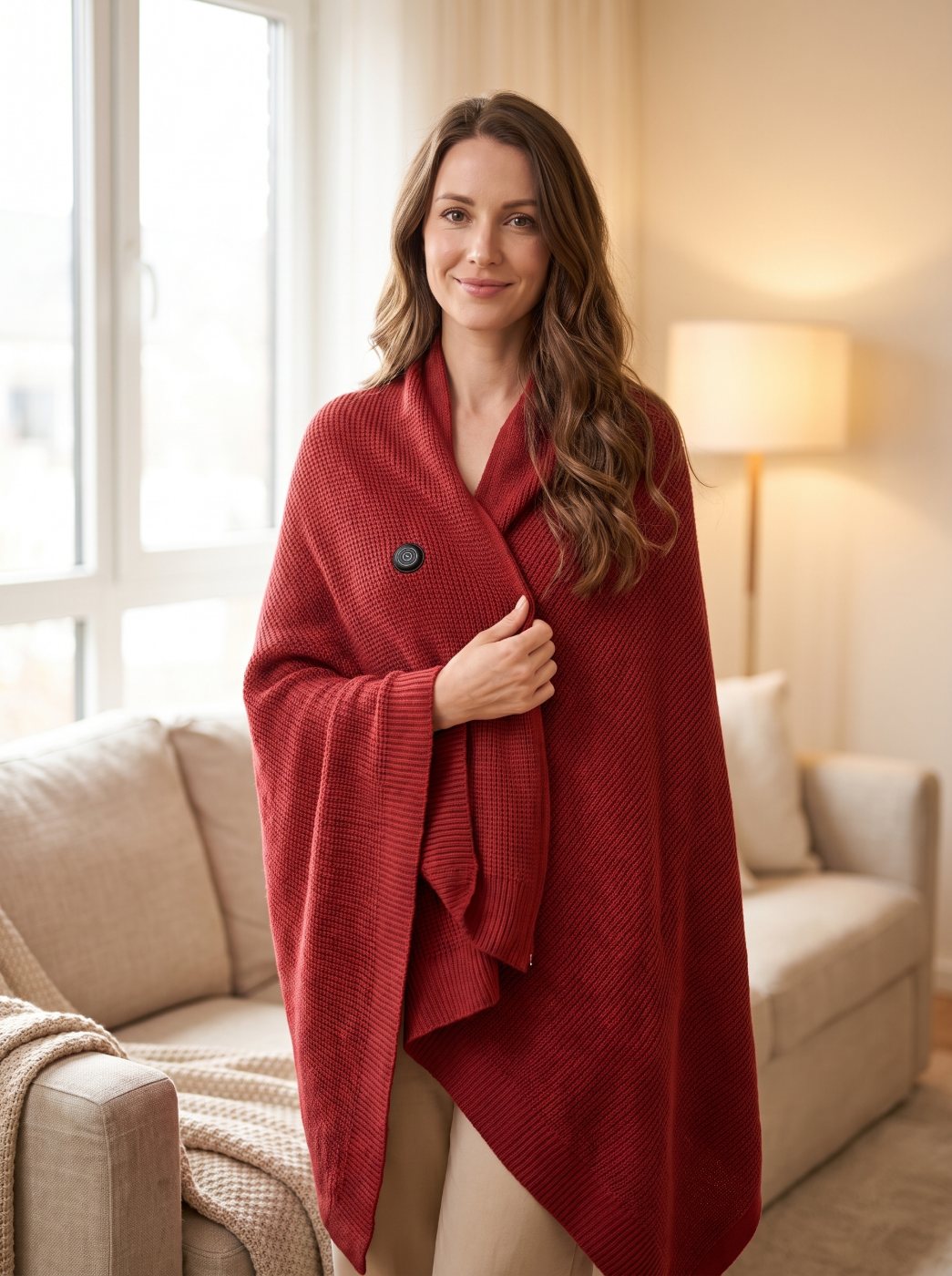 The Thermora Heated Shawl in Maple Red covering the shoulders down to the hips