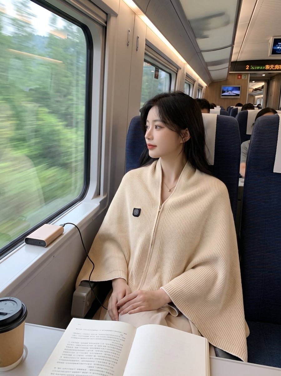 The shawl worn on a train, powered from a power bank resting on the window sill