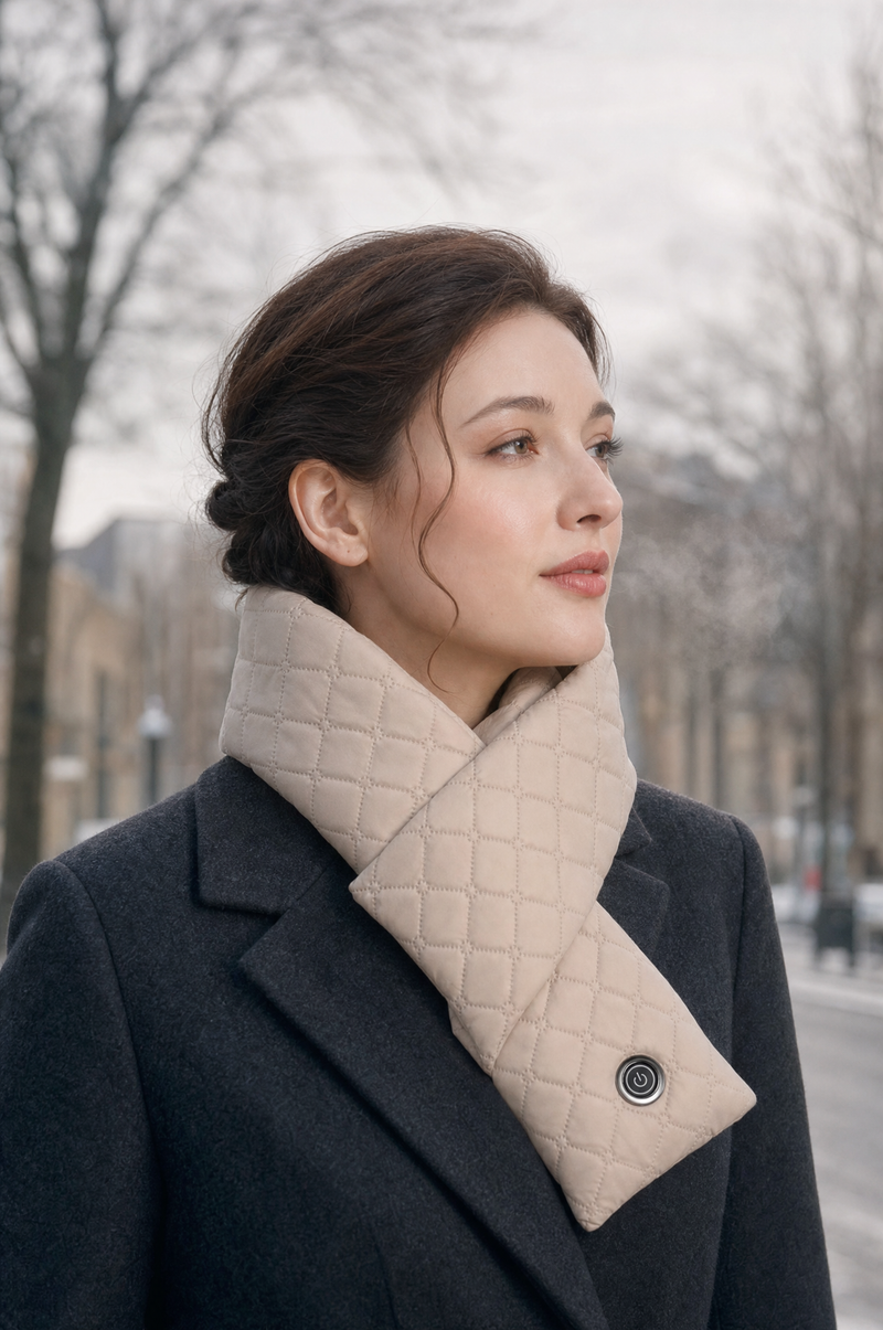 Woman wearing a beige Thermora heated scarf over a navy wool coat on a cold city street