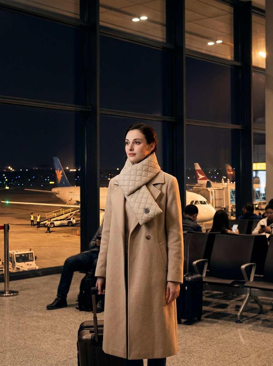 Traveller in a beige Thermora heated scarf and long coat at an airport gate at night