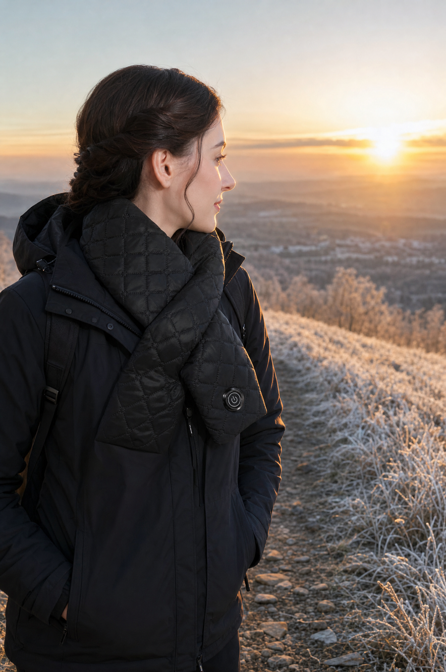 Woman in a black Thermora heated scarf on a frosted hillside path at sunrise