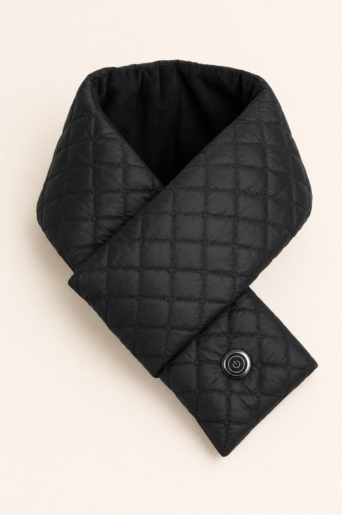 Thermora heated scarf in Black, folded flat on a warm cream surface with the control button visible