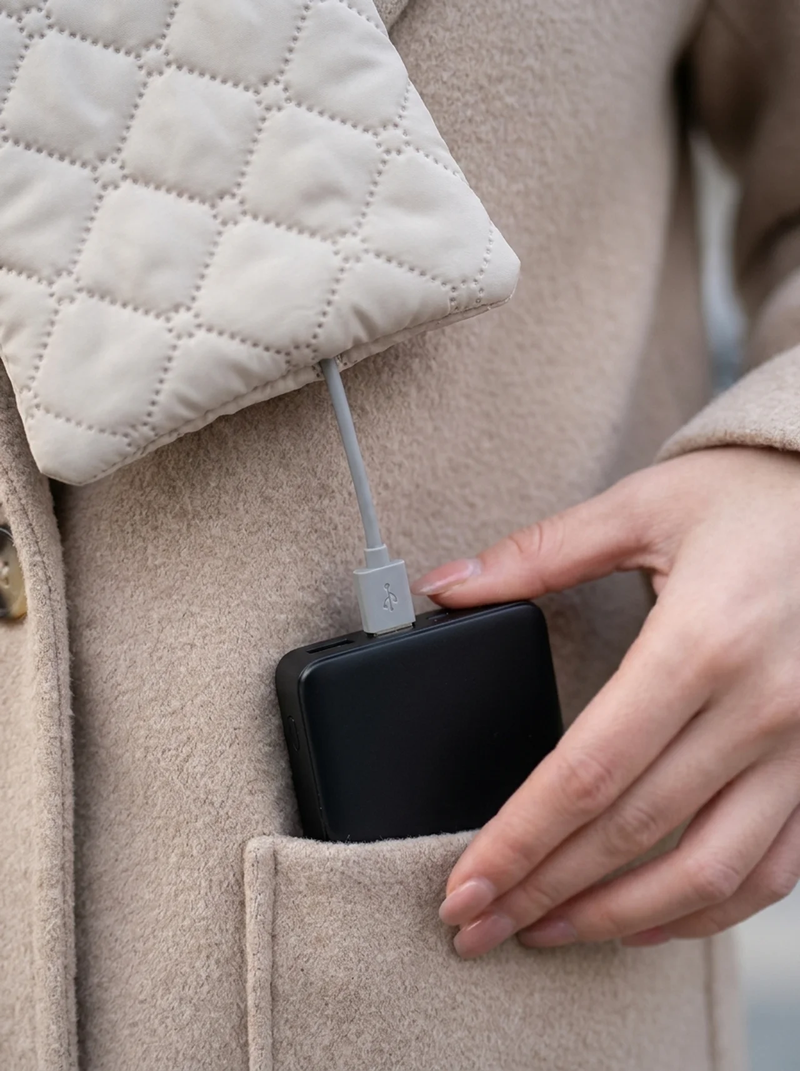 USB cable running from a beige Thermora heated scarf into a black power bank in a coat pocket