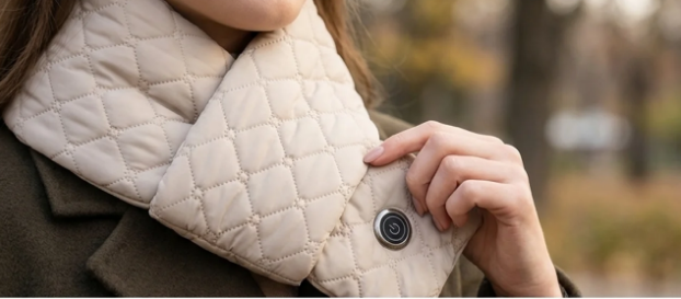 Beige Thermora heated scarf worn under a coat, hand touching the power button