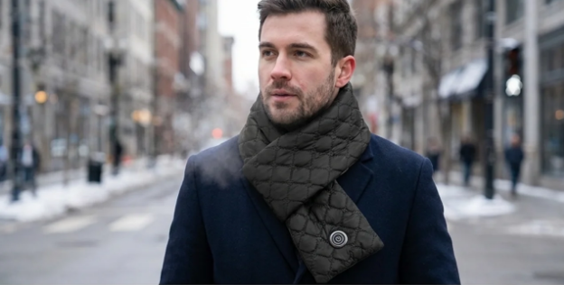 Man wearing a dark Thermora heated scarf with a winter coat on a cold city street