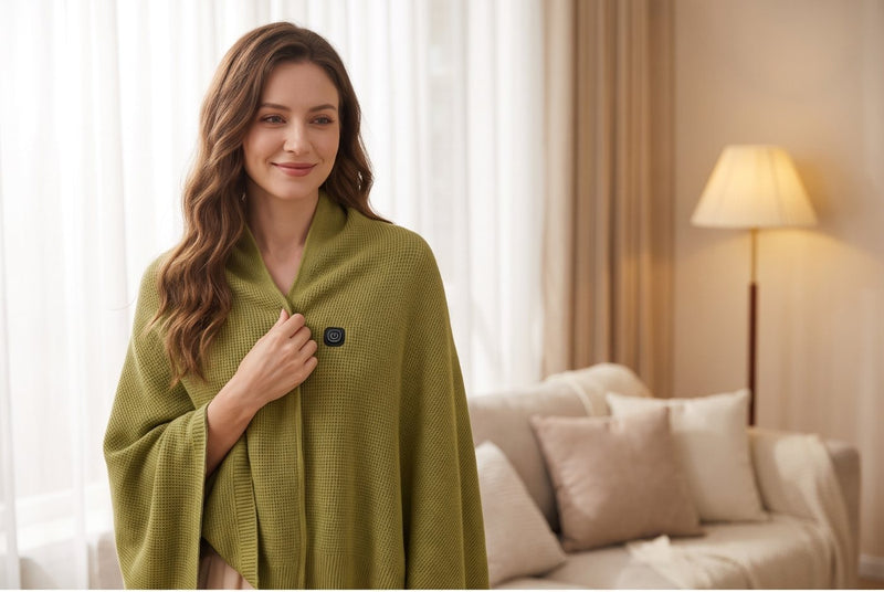 The Thermora Heated Shawl in Gardenia Green draped open over the shoulders in a warm living room