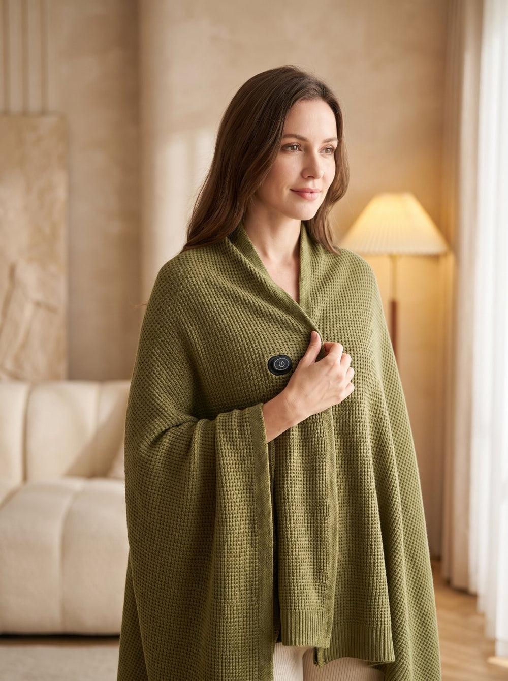 Woman wearing the Thermora Heated Shawl in Gardenia Green, wrapped over the shoulders indoors
