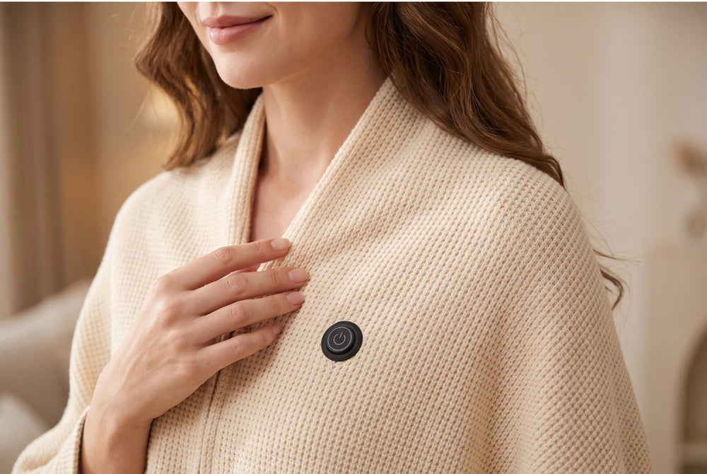 Close-up of the waffle-knit fabric and the one-button heat control on the front panel
