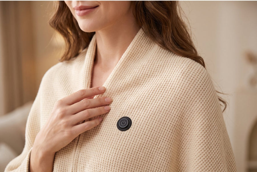 Close-up of the waffle-knit fabric and the one-button heat control on the front panel