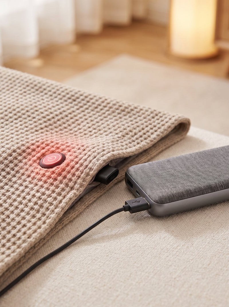 The shawl's USB cable plugged into a power bank, with the heat control lit